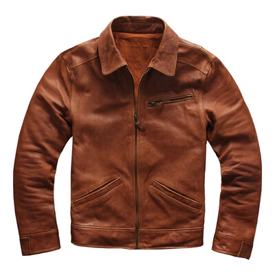 2024 Gaiši brūna amerikāņu ikdienas stila dabīgas ādas jaka vīriešiem liela izmēra 4XL īstas dabīgas aitādas rudens slaids mētelis