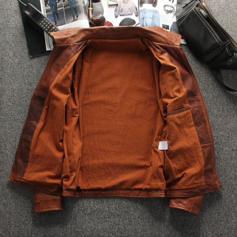 2024 Gaiši brūna amerikāņu ikdienas stila dabīgas ādas jaka vīriešiem liela izmēra 4XL īstas dabīgas aitādas rudens slaids mētelis