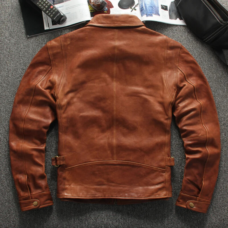 2024 Gaiši brūna amerikāņu ikdienas stila dabīgas ādas jaka vīriešiem liela izmēra 4XL īstas dabīgas aitādas rudens slaids mētelis