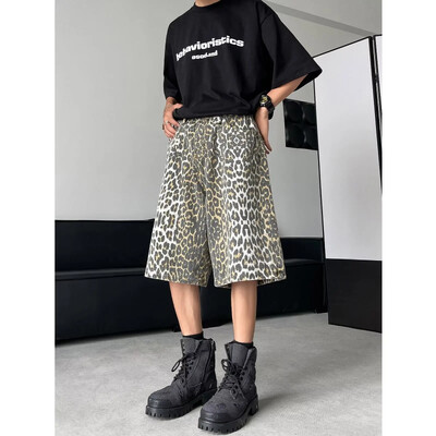 La modă, stil Hong Kong, pantaloni leopard, cu buzunare multiple, pantaloni casual, model nou 2024, pantaloni scurți de lucru.