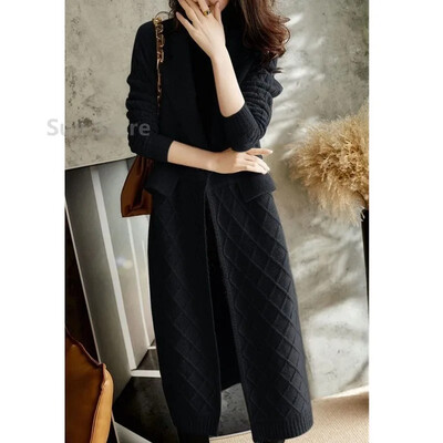 Cardigan lung european de cașmir pentru femei, toamnă și iarnă, nou, peste genunchi, pentru slăbire, haină îngroșată de lână, pulover tricotat