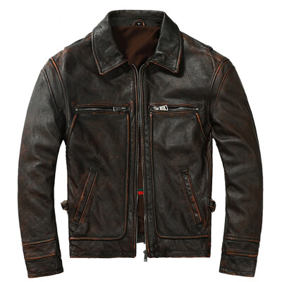 Jachetă de piele vintage pentru bărbați, groasă, 100% piele de vacă naturală, haină motociclist, iarnă, îmbrăcăminte pentru bărbați din piele naturală, 3 culori M100