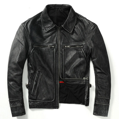 Jachetă de piele vintage pentru bărbați, groasă, 100% piele de vacă naturală, haină motociclist, iarnă, îmbrăcăminte pentru bărbați din piele naturală, 3 culori M100
