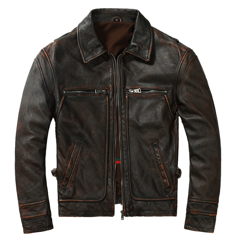 Jachetă de piele vintage pentru bărbați, groasă, 100% piele de vacă naturală, haină motociclist, iarnă, îmbrăcăminte pentru bărbați din piele naturală, 3 culori M100