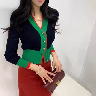 Imbracaminte de dama de marca coreeana de moda pulover cu maneca lunga eleganta cu decolteu in V dunga subtire de lux pentru femeie de tricotat scurte tricouri