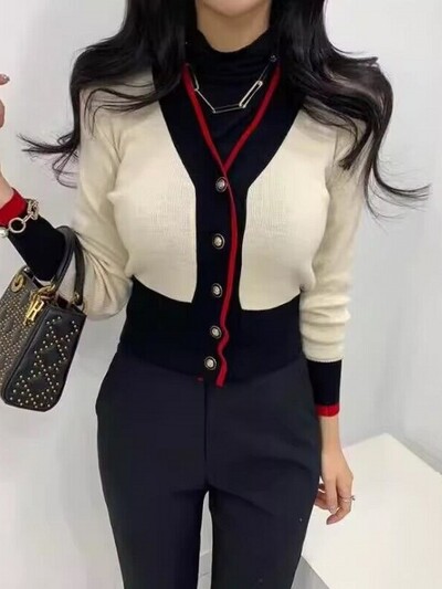 Imbracaminte de dama de marca coreeana de moda pulover cu maneca lunga eleganta cu decolteu in V dunga subtire de lux pentru femeie de tricotat scurte tricouri