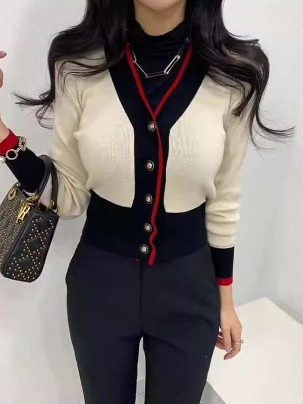 Imbracaminte de dama de marca coreeana de moda pulover cu maneca lunga eleganta cu decolteu in V dunga subtire de lux pentru femeie de tricotat scurte tricouri