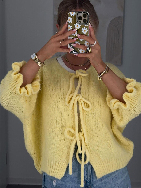 Naiste armsad kollased lillelised varrukad, pitsist kootud kardigan šikk ümara kaelusega õõnsad lühikesed kampsunid sügisene daami tänavarõivad