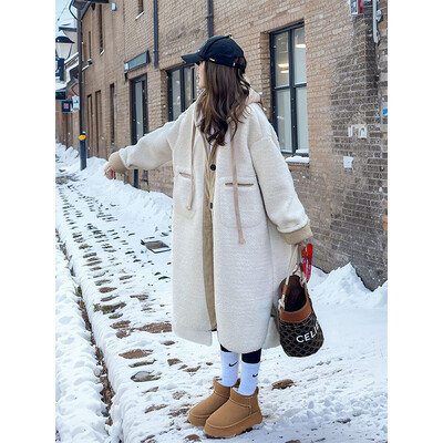 Paltoane din lână cu glugă femei toamnă iarnă îngroșă stil coreean ocazional lână de miel largi, simplu, toate asortate, îmbrăcăminte de stradă, mozaic elegant