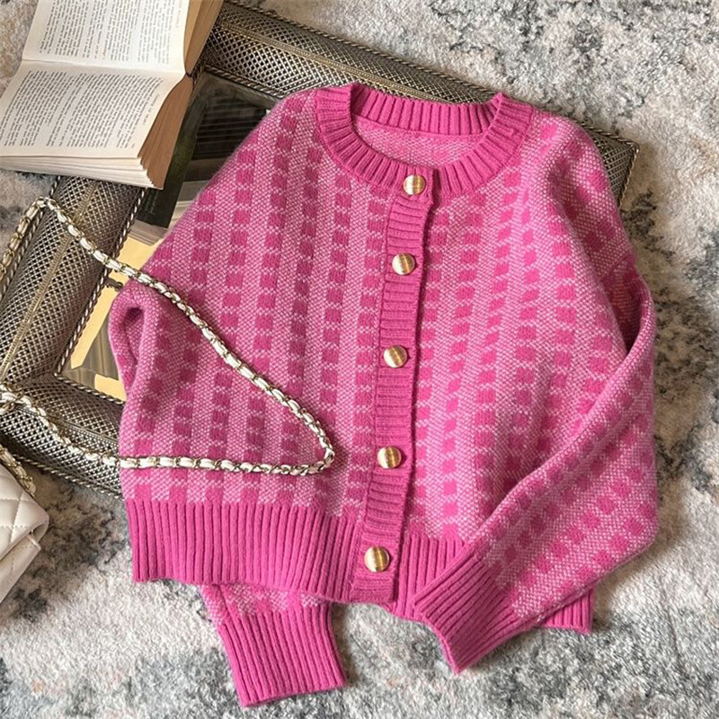Y2k roz femei cardigan coreean dulce carouri cu mânecă lungă pulovere pentru femei Harajuku nou O gât Preppy stil Topuri dama
