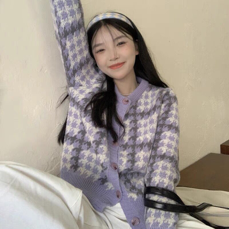 Y2k roz femei cardigan coreean dulce carouri cu mânecă lungă pulovere pentru femei Harajuku nou O gât Preppy stil Topuri dama