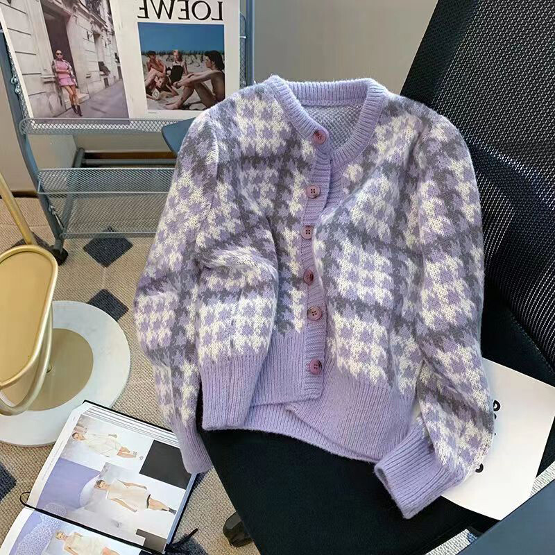 Y2k roz femei cardigan coreean dulce carouri cu mânecă lungă pulovere pentru femei Harajuku nou O gât Preppy stil Topuri dama