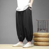 Ice Silk Nine Points Bikses Vīriešu Baggy Bundle Kāja Haren Bikses Vispārpiemērots ķīniešu stila lins, platas kājas Ikdienas bikses Vīriešu apģērbs
