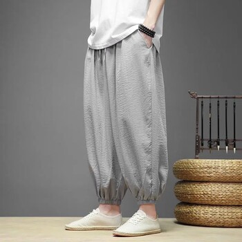 Ice Silk Nine Points Pants Мъжки панталони Baggy Bundle Foot Haren Pants All-match Chinese Style Lenen Широки крачоли Ежедневни панталони Мъжко облекло