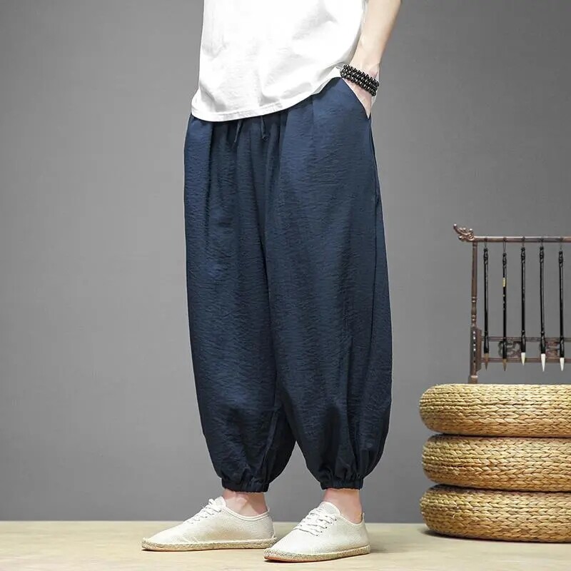 Ice Silk Nine Points Bikses Vīriešu Baggy Bundle Kāja Haren Bikses Vispārpiemērots ķīniešu stila lins, platas kājas Ikdienas bikses Vīriešu apģērbs