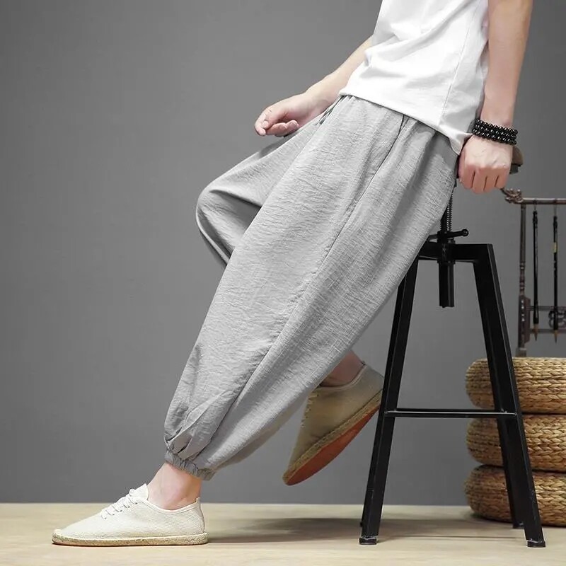 Ice Silk Nine Points Bikses Vīriešu Baggy Bundle Kāja Haren Bikses Vispārpiemērots ķīniešu stila lins, platas kājas Ikdienas bikses Vīriešu apģērbs