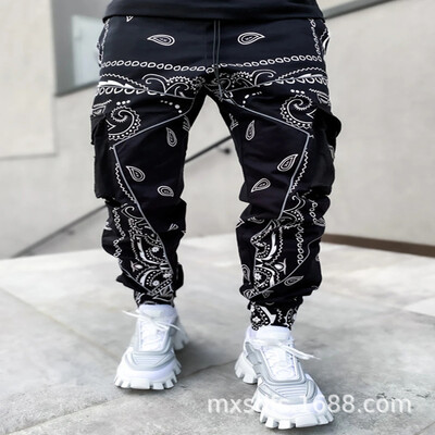 2024, primăvară și toamnă, noi pantaloni casual imprimați, pantaloni Harun, bărbați, europeni și americani, largi, cu genți multiple, rochie de lucru P