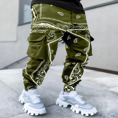 2024, primăvară și toamnă, noi pantaloni casual imprimați, pantaloni Harun, bărbați, europeni și americani, largi, cu genți multiple, rochie de lucru P