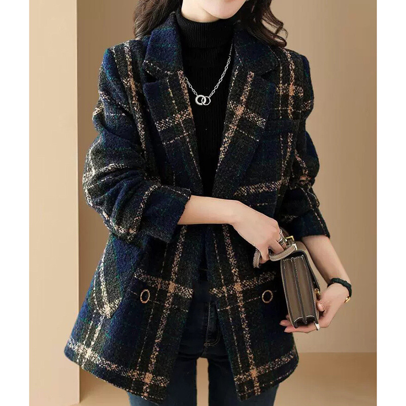 Γυναικείο μεσαίου μήκους casual καρό μάλλινο μπουφάν Γυναικείο άνοιξη φθινόπωρο Ρετρό βρετανικό ύφος μαλλί με δικτυωτό παλτό Μπουφάν Wild Top