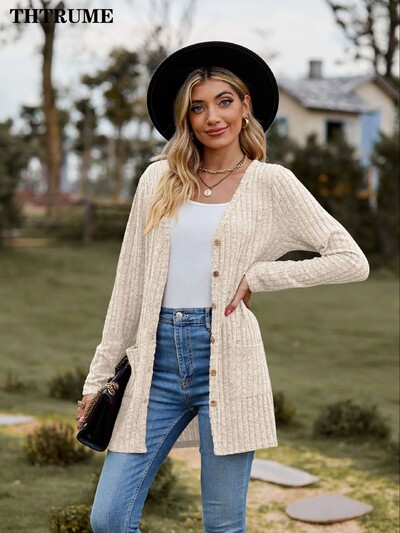 Pulover la modă pentru femei la un singur piept, ocazional, toamnă, iarnă, cald cu mânecă lungă, îmbrăcăminte de stradă, pulover, elegant, cardigan comun