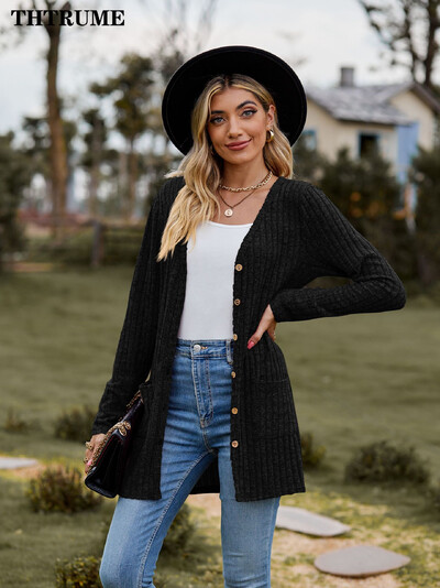 Pulover la modă pentru femei la un singur piept, ocazional, toamnă, iarnă, cald cu mânecă lungă, îmbrăcăminte de stradă, pulover, elegant, cardigan comun