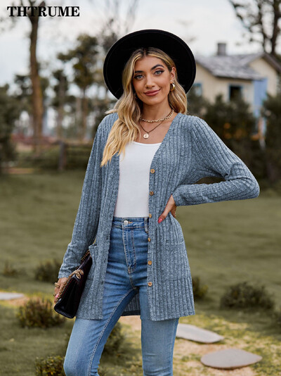 Pulover la modă pentru femei la un singur piept, ocazional, toamnă, iarnă, cald cu mânecă lungă, îmbrăcăminte de stradă, pulover, elegant, cardigan comun