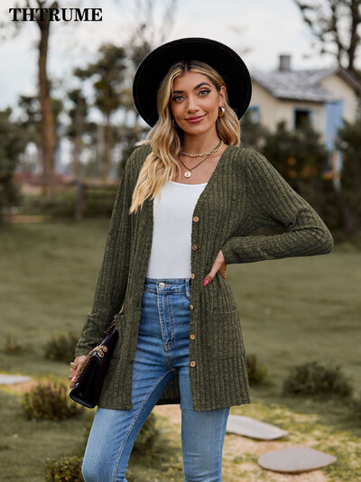 Pulover la modă pentru femei la un singur piept, ocazional, toamnă, iarnă, cald cu mânecă lungă, îmbrăcăminte de stradă, pulover, elegant, cardigan comun