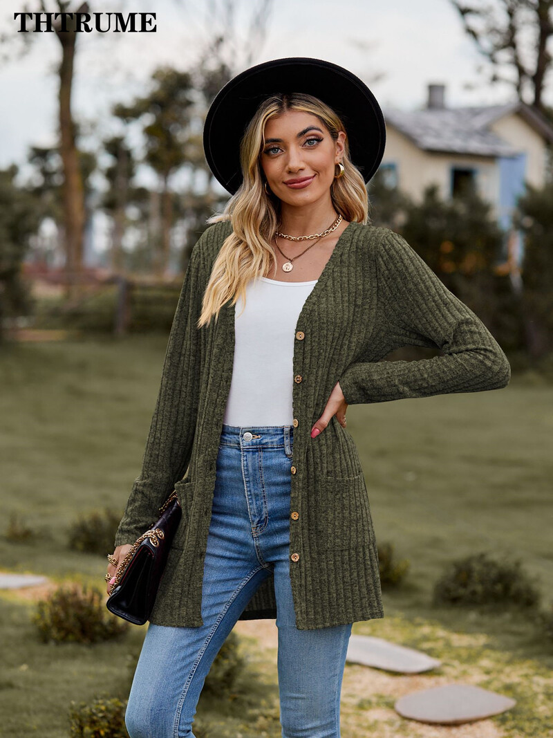 Pulover la modă pentru femei la un singur piept, ocazional, toamnă, iarnă, cald cu mânecă lungă, îmbrăcăminte de stradă, pulover, elegant, cardigan comun