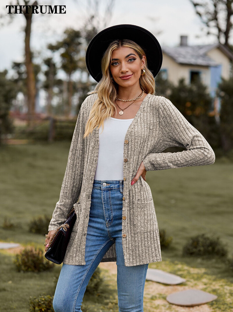 Pulover la modă pentru femei la un singur piept, ocazional, toamnă, iarnă, cald cu mânecă lungă, îmbrăcăminte de stradă, pulover, elegant, cardigan comun