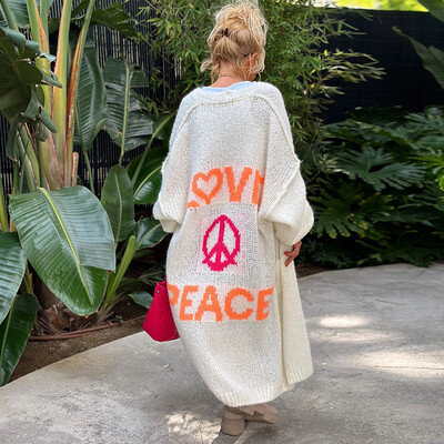 Armas LOVE & PEACE kirjatrükiga pikk sviiter kardigan naiste sügisene V-kaelusega kootud top jakk Talvine pikkade varrukatega avar mantel