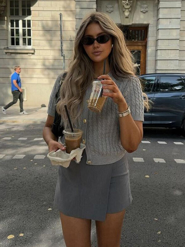 Cardigan tricotat cu răsucire pentru femei, cu mânecă scurtă, ocazional, cu un singur piept, pulover cu totul asortat, elegant șic, 2024, toamnă, plajă, haină pentru doamnă