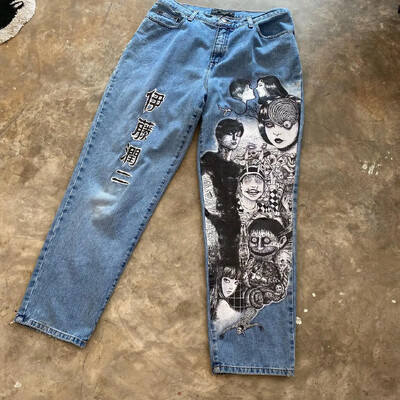 Hip Hop Anime Graphic Baggy Jeans Fekete Pókmintás farmernadrág Új Harajuku Denim Y2k Pants Férfi Női Goth Magas derekú széles nadrág