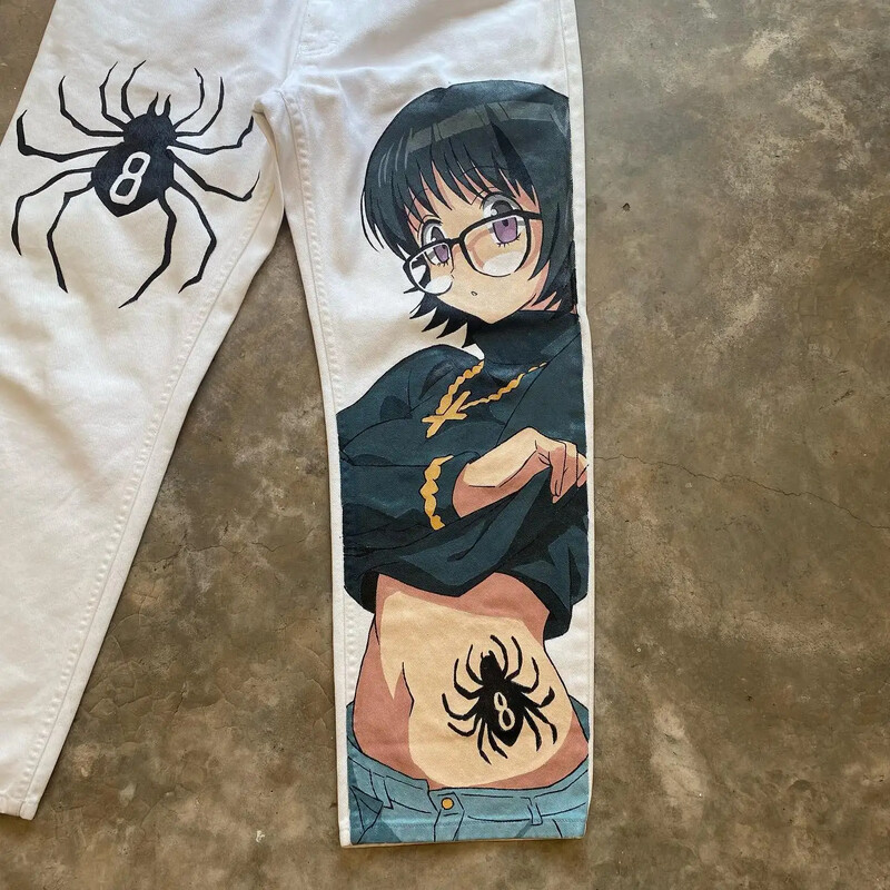 Hip Hop Anime Graphic Baggy Jeans Fekete Pókmintás farmernadrág Új Harajuku Denim Y2k Pants Férfi Női Goth Magas derekú széles nadrág
