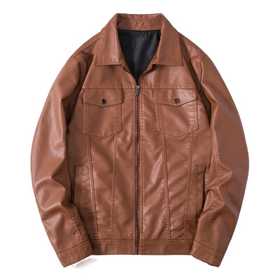 Moderna korejiešu stila vīriešu dabīgās ādas jaka, atloks Moderna motociklistu jaka Daudzpusīgs ādas mētelis