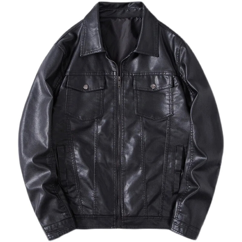 Moderna korejiešu stila vīriešu dabīgās ādas jaka, atloks Moderna motociklistu jaka Daudzpusīgs ādas mētelis