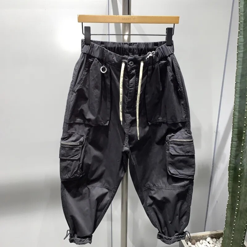 Bikses Vīriešu Vasaras Saliktas Pēdas Vilkšanas Virves Kombinezoni Pavasaris Jauns Modes Streetwear Platas kājas Haren Bikses Vīriešu Apģērbs Cargo Bikses