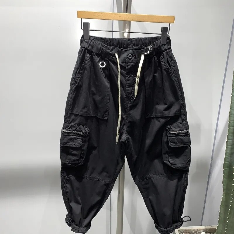 Bikses Vīriešu Vasaras Saliktas Pēdas Vilkšanas Virves Kombinezoni Pavasaris Jauns Modes Streetwear Platas kājas Haren Bikses Vīriešu Apģērbs Cargo Bikses