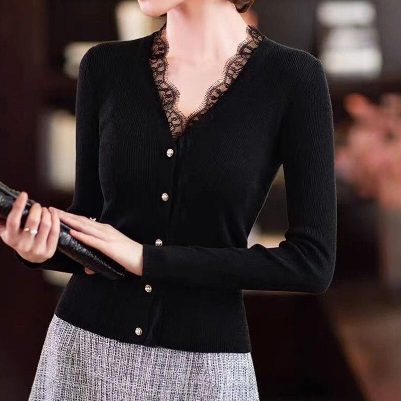 Cardigan tricotat subțire de culoare solidă coreeană Îmbrăcăminte pentru femei la un singur piept de primăvară de toamnă Pulovere elegante din dantelă cu îmbinare