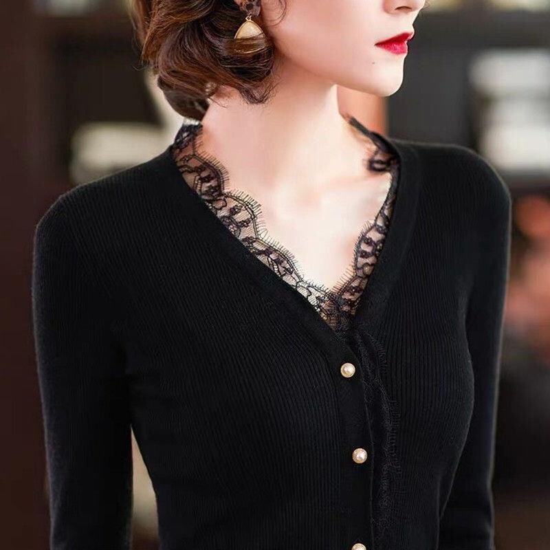 Cardigan tricotat subțire de culoare solidă coreeană Îmbrăcăminte pentru femei la un singur piept de primăvară de toamnă Pulovere elegante din dantelă cu îmbinare
