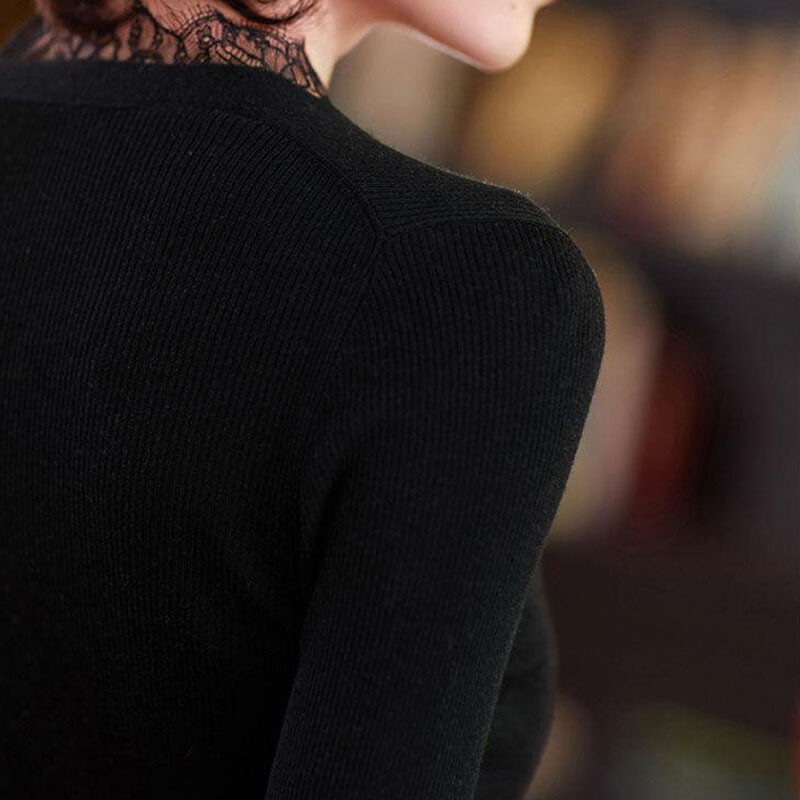 Cardigan tricotat subțire de culoare solidă coreeană Îmbrăcăminte pentru femei la un singur piept de primăvară de toamnă Pulovere elegante din dantelă cu îmbinare