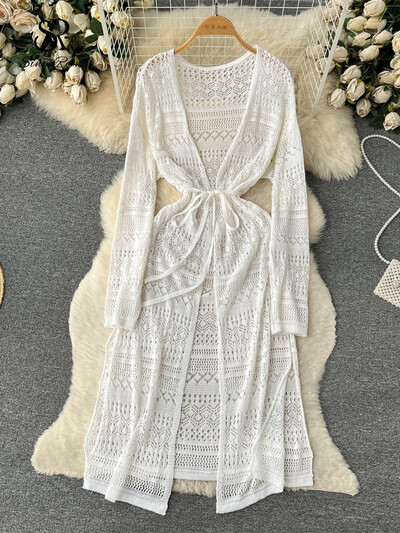 SINGREINY Bohemian Casual καλοκαιρινό φόρεμα ζακέτα Γυναικείο μακρυμάνικο κούφιο έξω Λεπτό Μόδα Μίντι Πλεκτά Φορέματα διακοπών