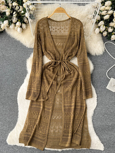 SINGREINY Bohemian Casual καλοκαιρινό φόρεμα ζακέτα Γυναικείο μακρυμάνικο κούφιο έξω Λεπτό Μόδα Μίντι Πλεκτά Φορέματα διακοπών