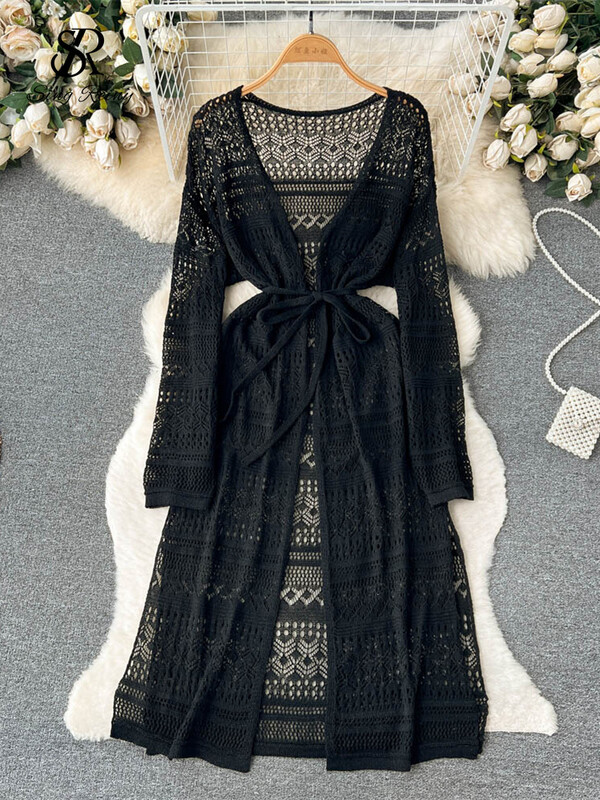 SINGREINY Bohemian Casual καλοκαιρινό φόρεμα ζακέτα Γυναικείο μακρυμάνικο κούφιο έξω Λεπτό Μόδα Μίντι Πλεκτά Φορέματα διακοπών