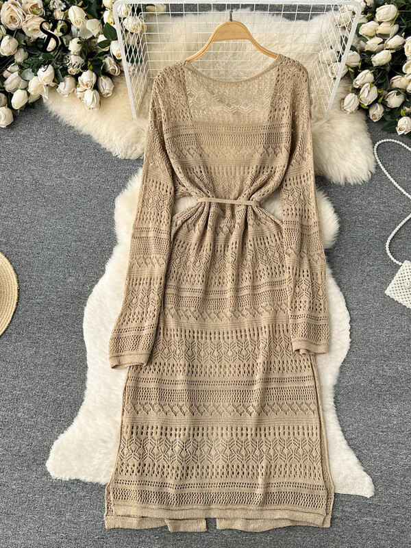 SINGREINY Bohemian Casual καλοκαιρινό φόρεμα ζακέτα Γυναικείο μακρυμάνικο κούφιο έξω Λεπτό Μόδα Μίντι Πλεκτά Φορέματα διακοπών