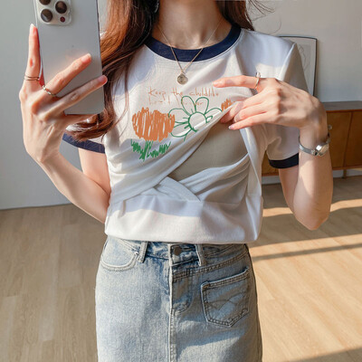 Ljetna pamučna majica kratkih rukava za dojilje Odjeća za dojilje nakon poroda Modni printovi Majice za trudnice i dojilje