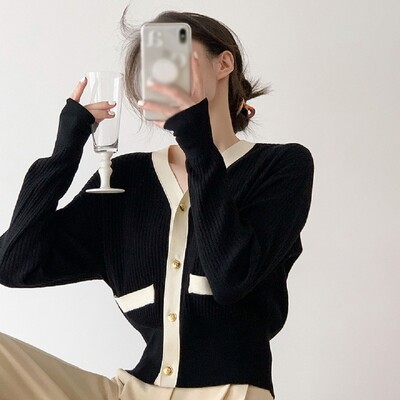 Sieviešu korejiešu versijas džempera jaka ar V veida kakla izgriezumu, trikotāžas jaka ar garām piedurknēm