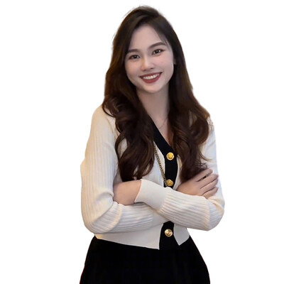 Sieviešu korejiešu versijas džempera jaka ar V veida kakla izgriezumu, trikotāžas jaka ar garām piedurknēm