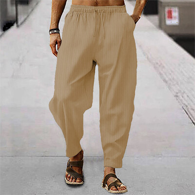 Püksid Mees Valged Linane Täistriibulised Sirged vabaaja püksid Ühevärvilised nöörid lahtised kuiv jõusaal spordi dressipüksid