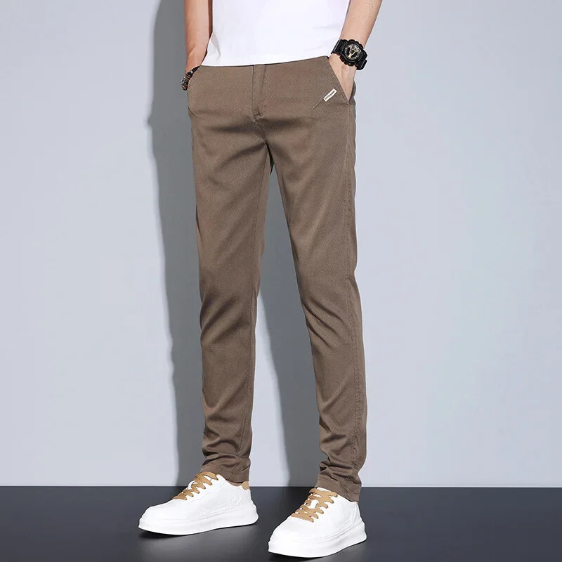 2024. gada vīriešu ikdienišķa elastīga jostasvieta, liocela auduma bikses, mīkstas, ērtas, šauras bikses ar taisnām kājām korejiešu vīriešu zīmola apģērbs