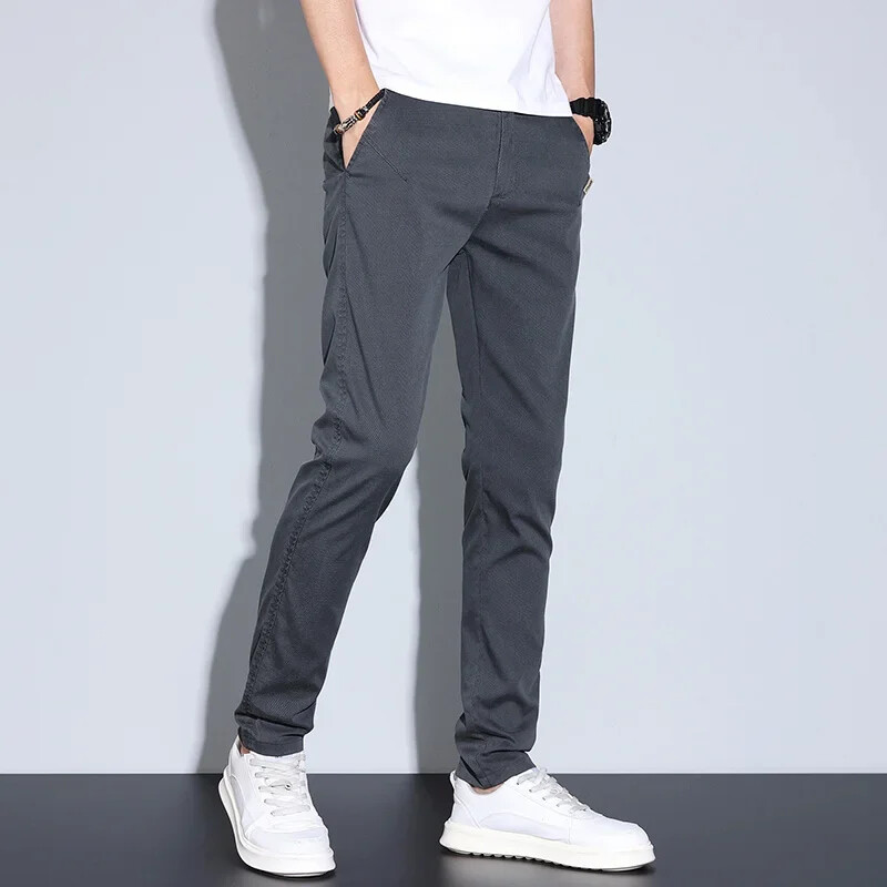 2024. gada vīriešu ikdienišķa elastīga jostasvieta, liocela auduma bikses, mīkstas, ērtas, šauras bikses ar taisnām kājām korejiešu vīriešu zīmola apģērbs